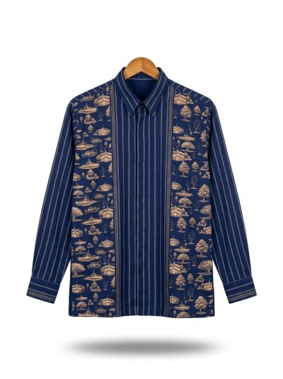 men’s shirt jejak swatantra pattern – navy, long sleeve