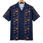 men’s shirt jejak swatantra pattern – navy list orange, short sleeve