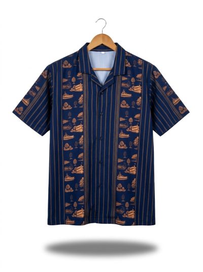 men’s shirt jejak swatantra pattern – navy list orange, short sleeve